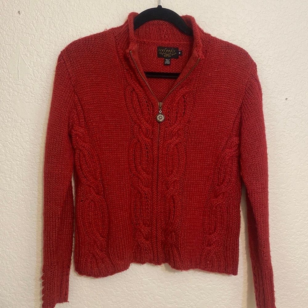 Icelandic Design Red Front Zip Knit Cardigan Sweater, Size S